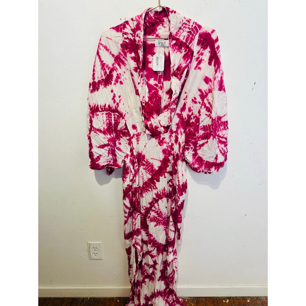 S/W/F Magenta Pink Tie-Dye V-Neck Plunge Kimono Front Pockets Dress size Large - Picture 2 of 16